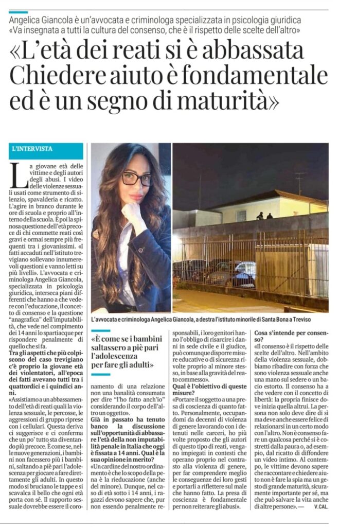 Articolo di giornale che riporta l’intervento della criminologa Angelica Giancola, collaboratrice dell’avv. Matteo della Pietra e esperta in criminologia applicata a casi civili e penali.