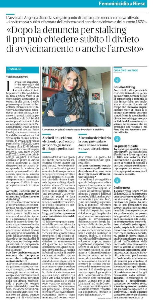Articolo di giornale che riporta l’intervento della criminologa Angelica Giancola, collaboratrice dell’avv. Matteo della Pietra e esperta in criminologia applicata a casi civili e penali.