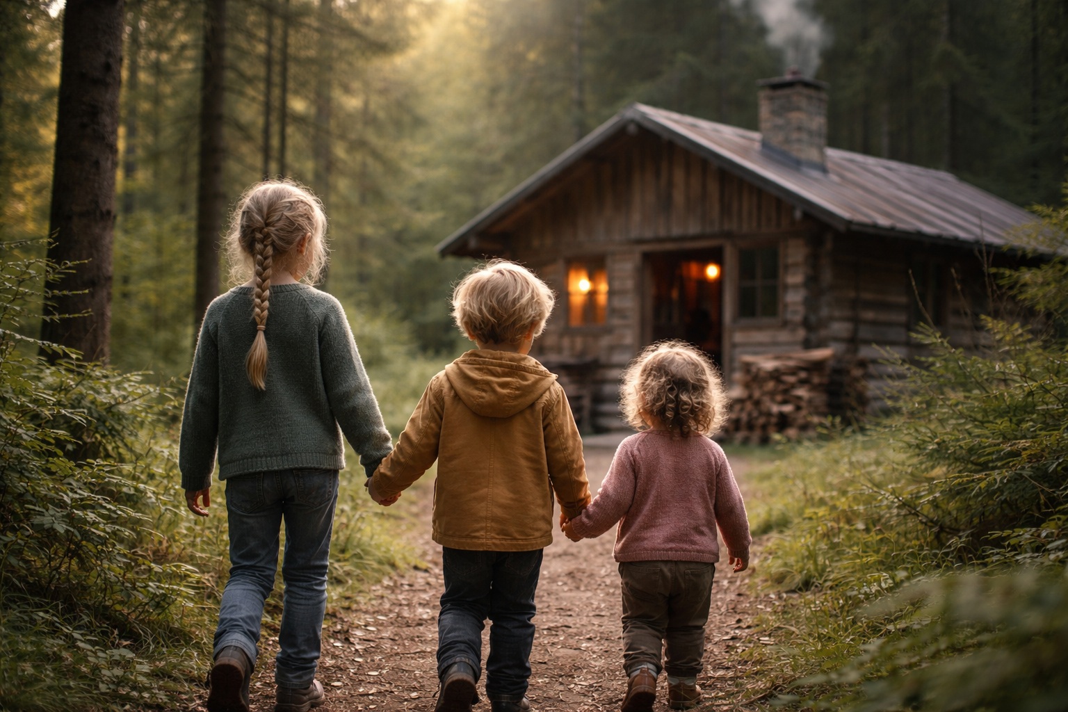 Tre bambini camminano verso una casa isolata nel bosco in Abruzzo, riferendosi al caso della famiglia nel bosco.