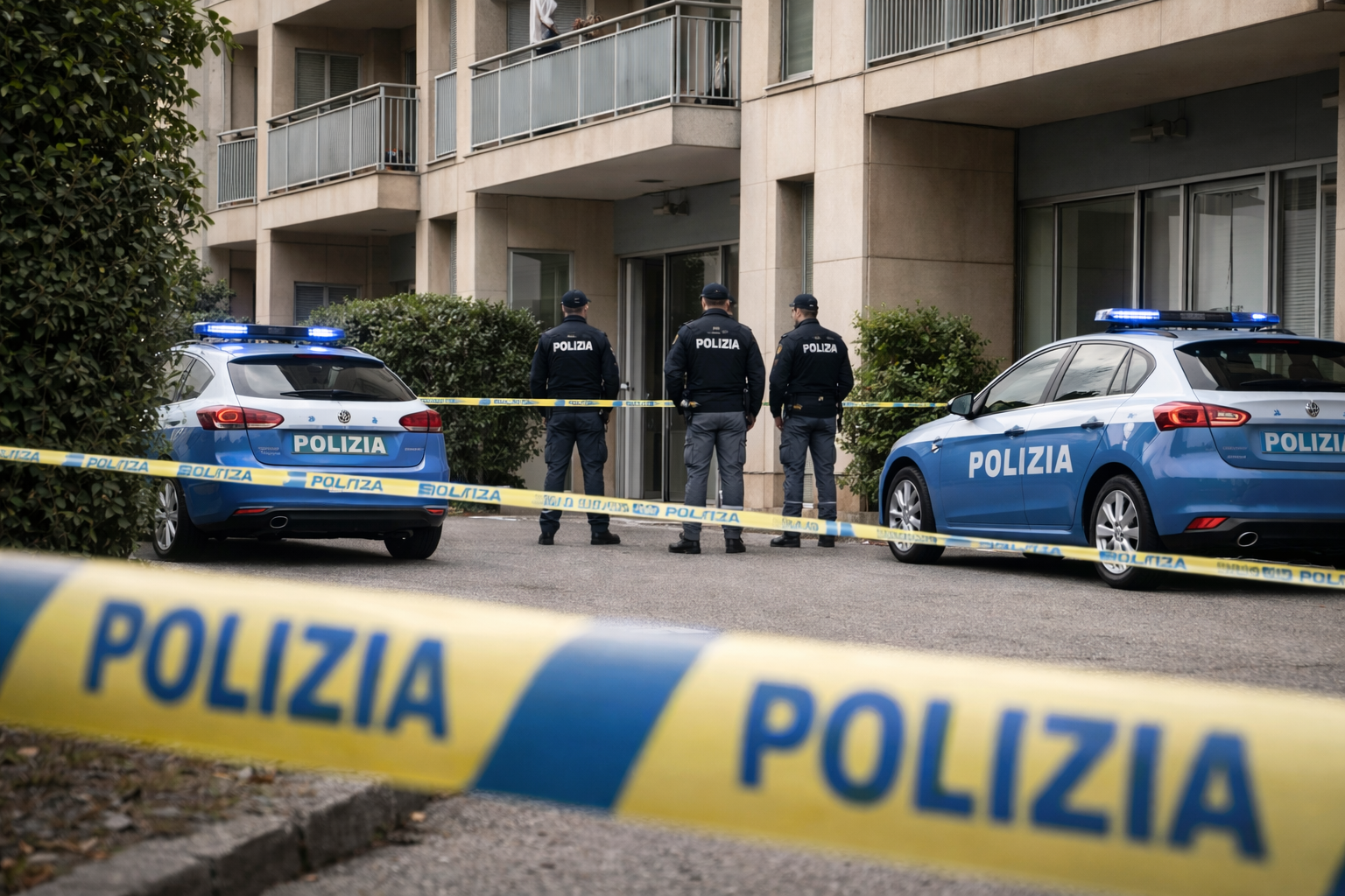 Luogo delle indagini per l’omicidio Ruoso a Pordenone con auto della Polizia e nastro delle forze dell’ordine