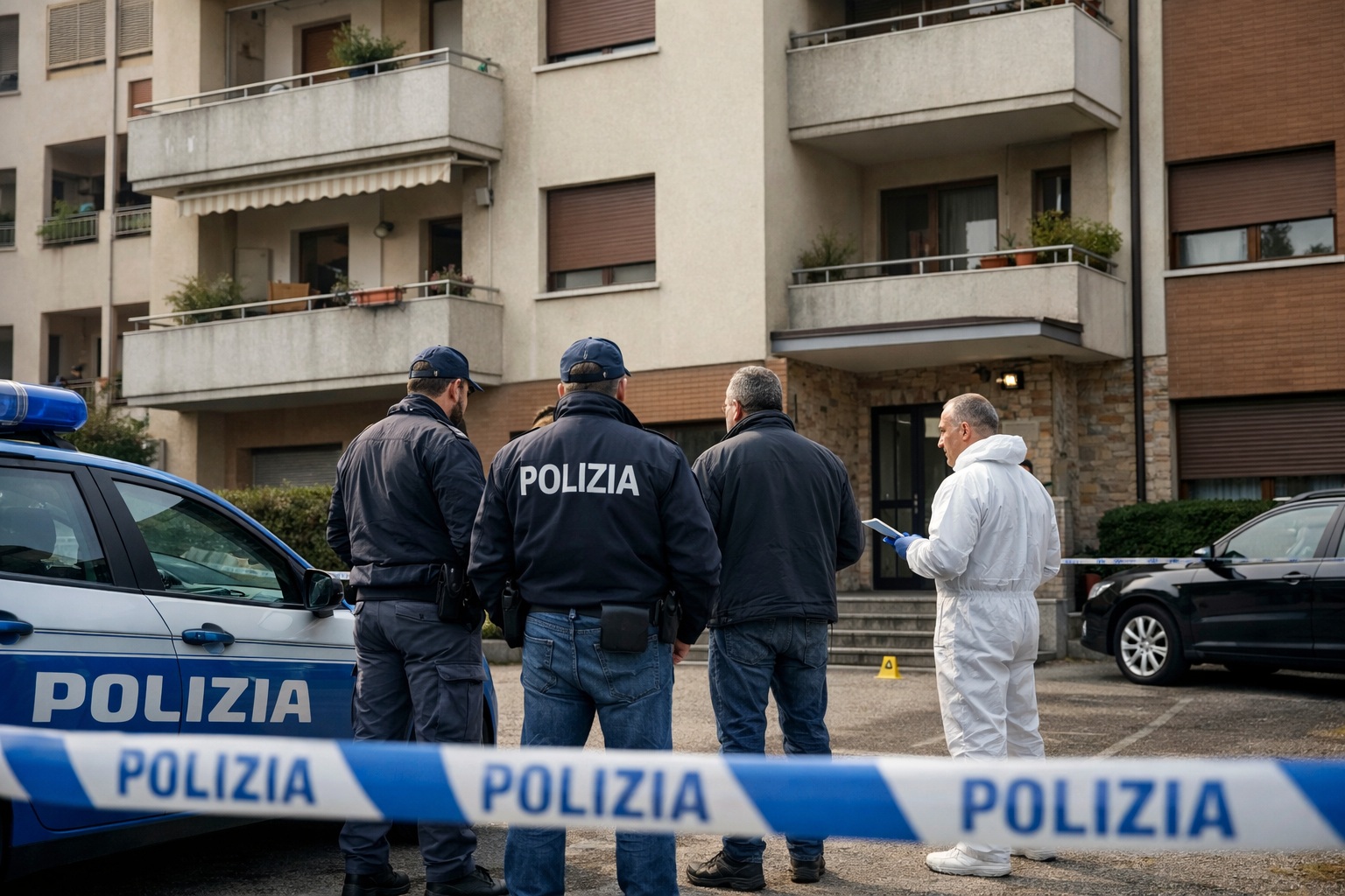 Agenti e investigatori davanti al condominio di Porcia dove è avvenuto l’omicidio Ruoso
