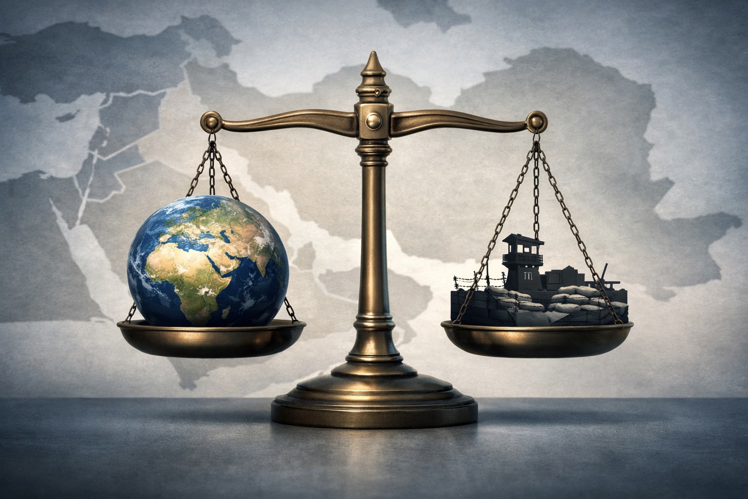 Self-defense in international law represented by a justice scale over a stylized map of the Middle East