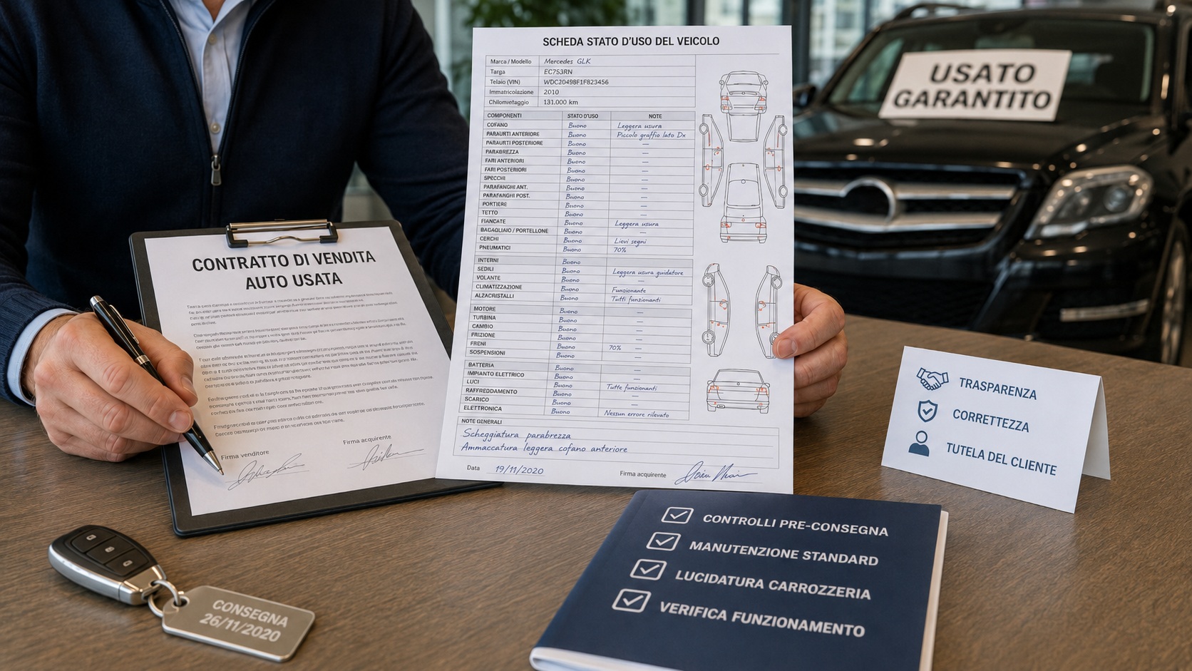 Rivenditore di auto usate che compila una scheda sullo stato del veicolo prima della vendita a un cliente privato