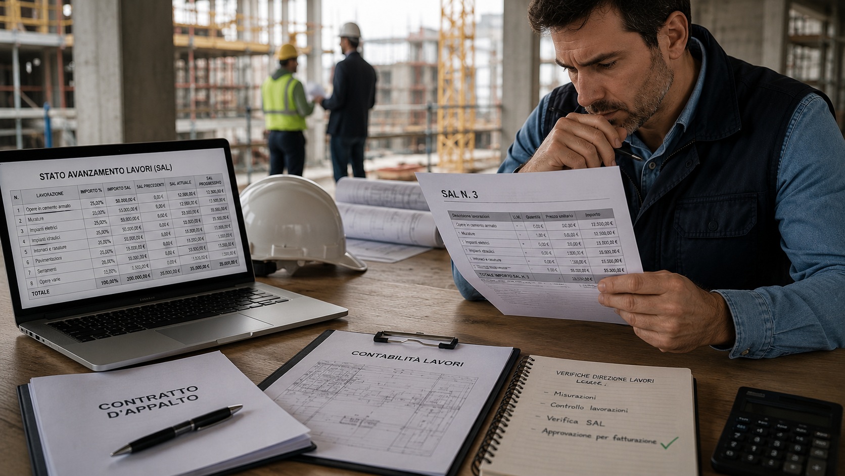 impresa edile che verifica SAL, contabilità di cantiere e documenti di avanzamento lavori non pagati dal committente