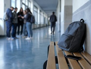 Zaino abbandonato in un corridoio scolastico vuoto, immagine di un episodio di bullismo a scuola.