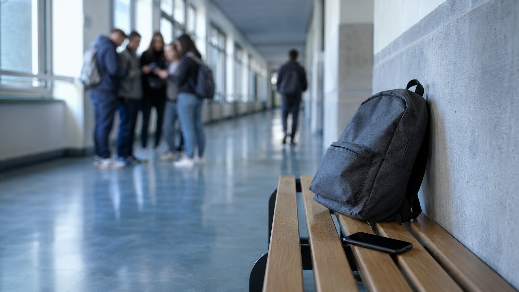 Zaino abbandonato in un corridoio scolastico vuoto, immagine di un episodio di bullismo a scuola.