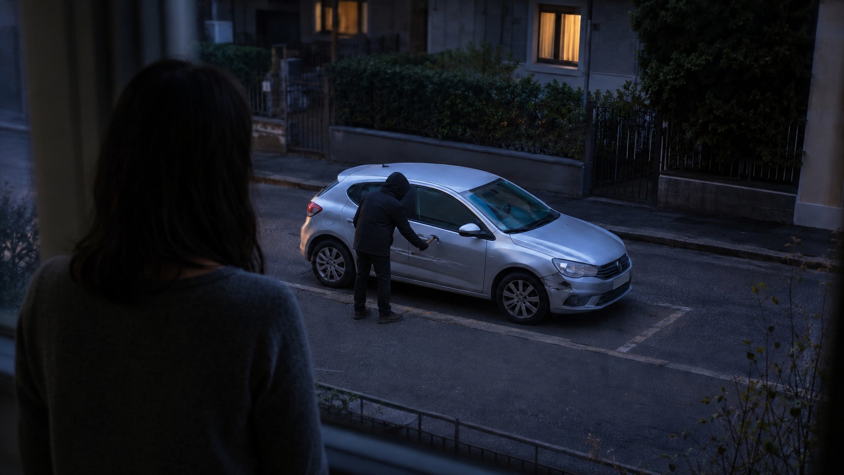 Donna di spalle osserva dalla finestra una persona incappucciata che danneggia un’automobile con un martello
