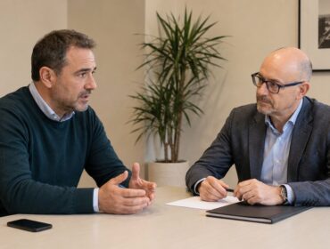Avvocato ascolta un uomo preoccupato durante un colloquio sulla difesa da un’accusa di stalking