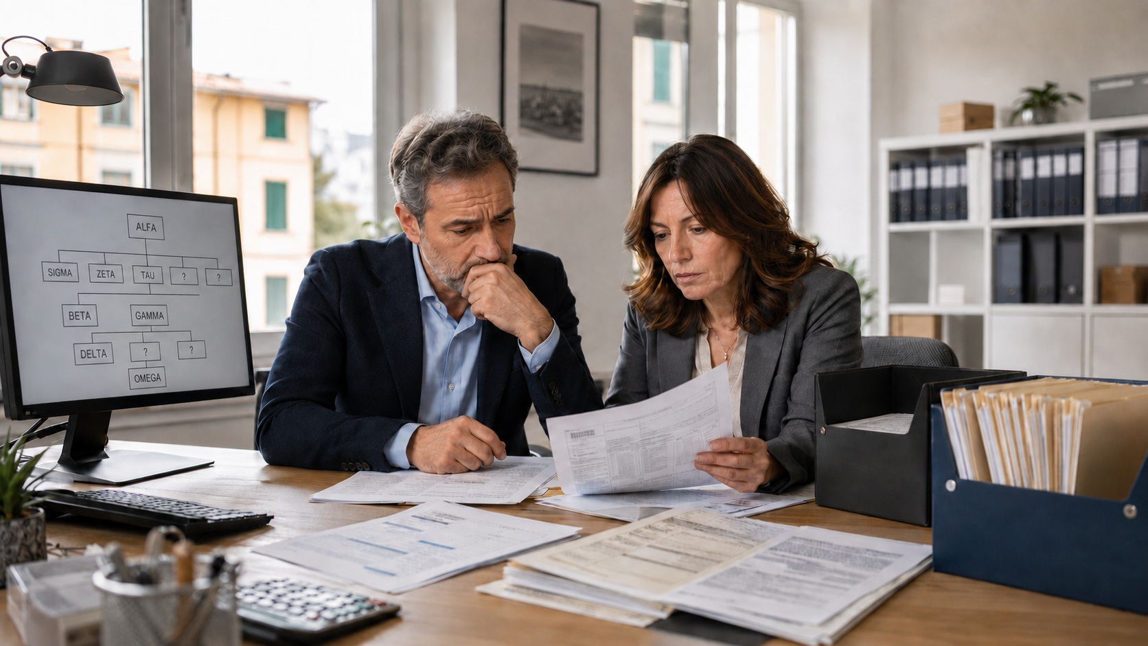 imprenditore e responsabile della contabilità esaminano fatture non pagate e società collegate
