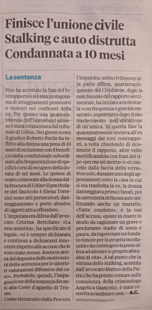 Ritaglio del Messaggero Veneto del 18 luglio 2026 con l'articolo sulla condanna per stalking del tribunale di Udine
