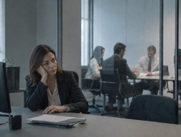 Lavoratrice stanca e isolata osserva i colleghi riuniti in una sala separata