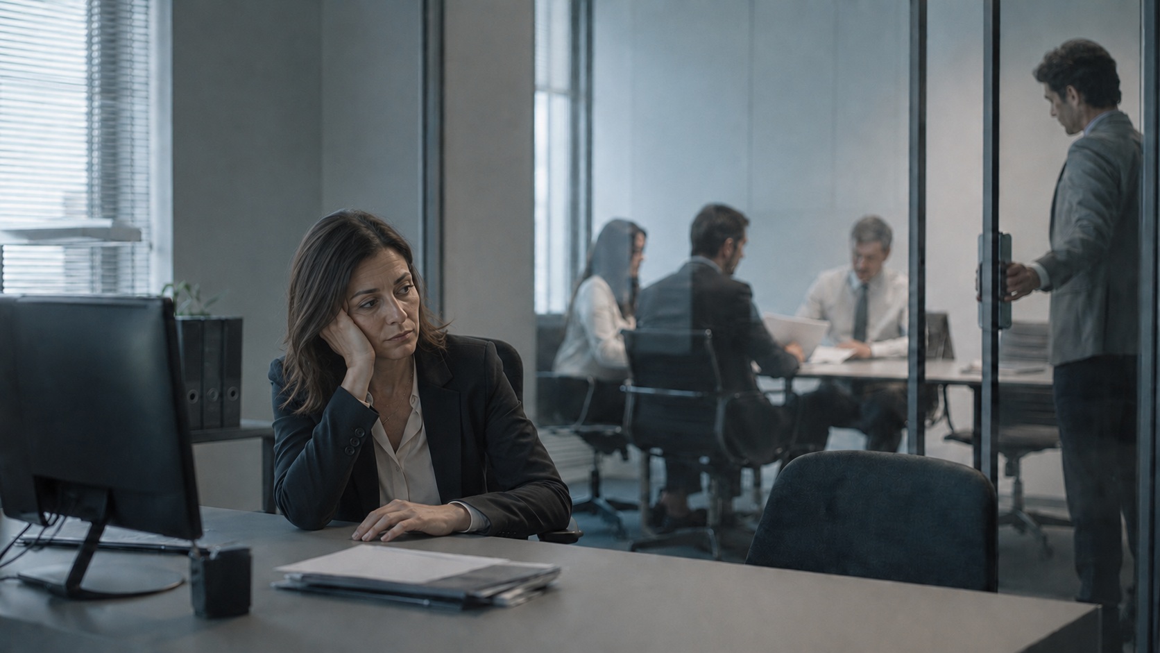Lavoratrice stanca e isolata osserva i colleghi riuniti in una sala separata