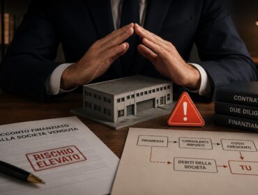 Consulente davanti al modello di un’azienda e a documenti su finanziamento, due diligence e rischi della vendita.