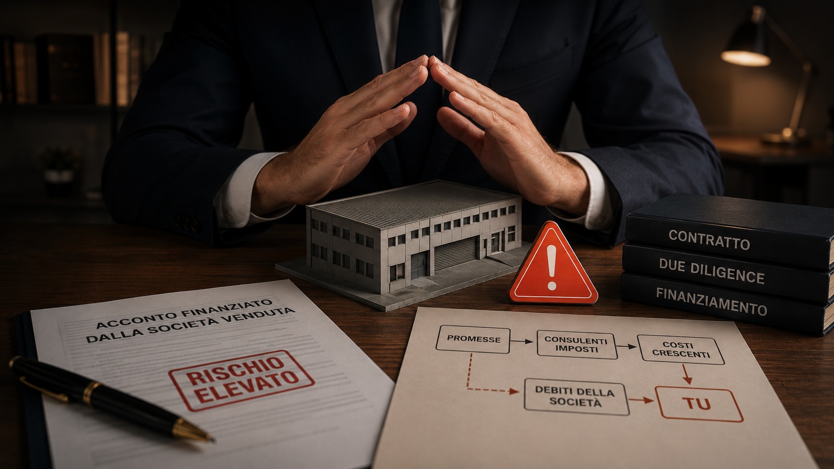 Consulente davanti al modello di un’azienda e a documenti su finanziamento, due diligence e rischi della vendita.