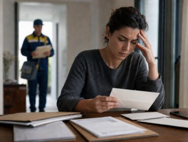 Donna preoccupata davanti a lettere e a un atto giudiziario mentre un postino si avvicina con altre notifiche