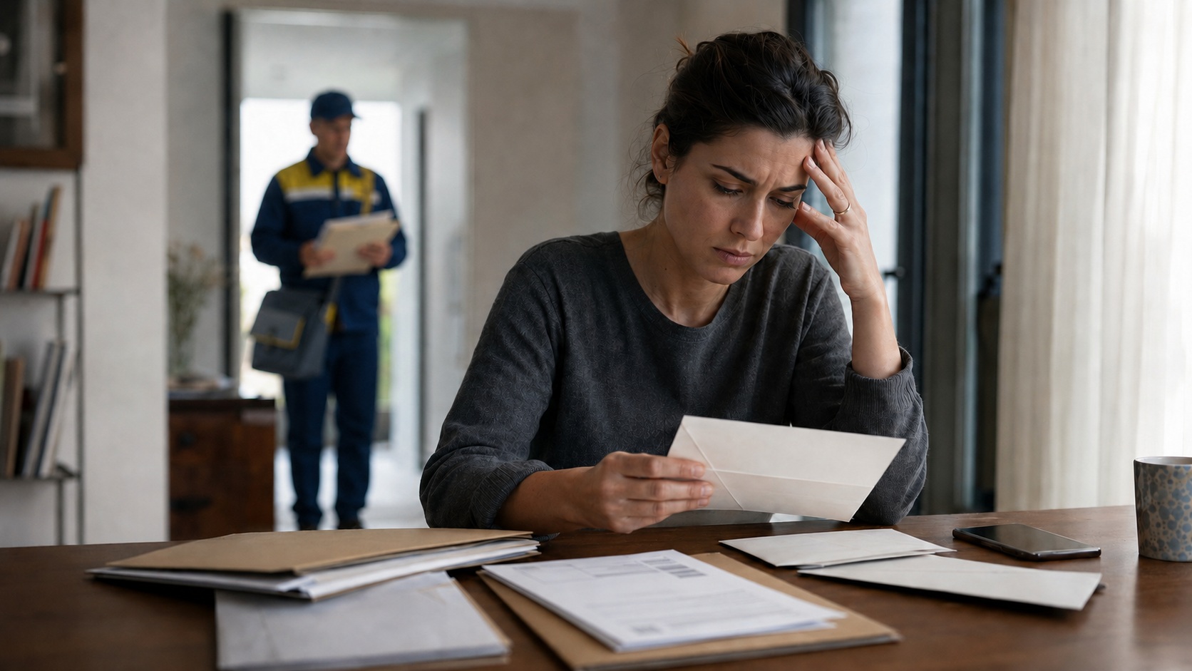 Donna preoccupata davanti a lettere e a un atto giudiziario mentre un postino si avvicina con altre notifiche