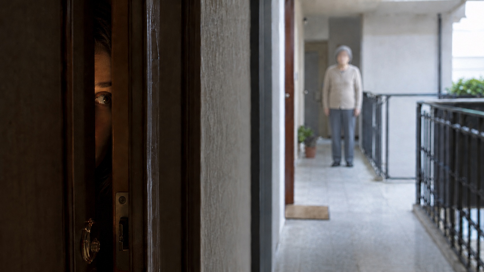 Giovane donna guarda con timore dalla porta socchiusa una persona sul pianerottolo che la aspetta o la controlla