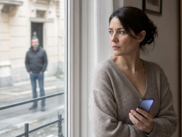 Donna preoccupata con lo smartphone osserva l’ex partner fermo all’esterno della sua abitazione