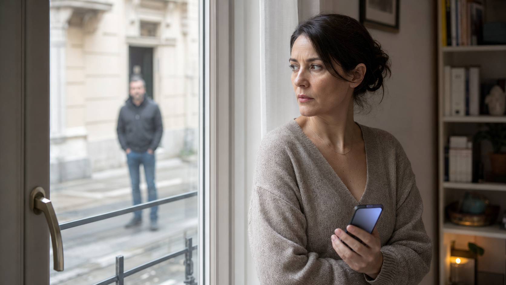 Donna preoccupata con lo smartphone osserva l’ex partner fermo all’esterno della sua abitazione