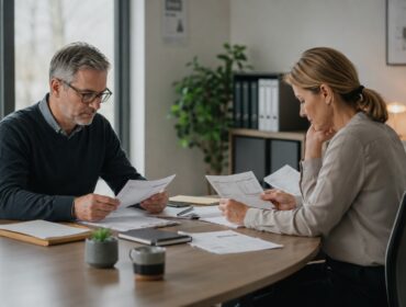 Due persone separate esaminano documenti economici sedute ai lati opposti di un tavolo per valutare l'assegno di separazione o divorzile