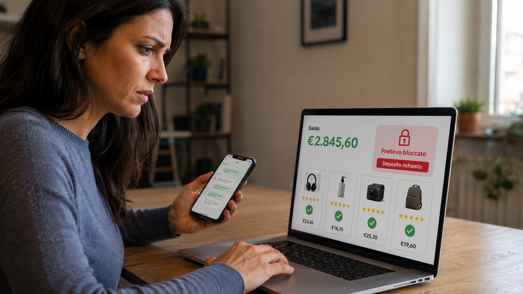 Persona davanti a una piattaforma di recensioni online che mostra un saldo bloccato e richiede un versamento