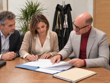 Due coniugi esaminano con l’avvocato i documenti per il divorzio mentre la donna firma.