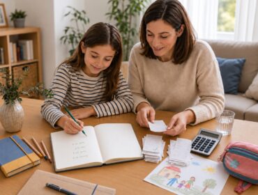 Bambina annota sul quaderno le spese straordinarie mentre la madre controlla gli scontrini
