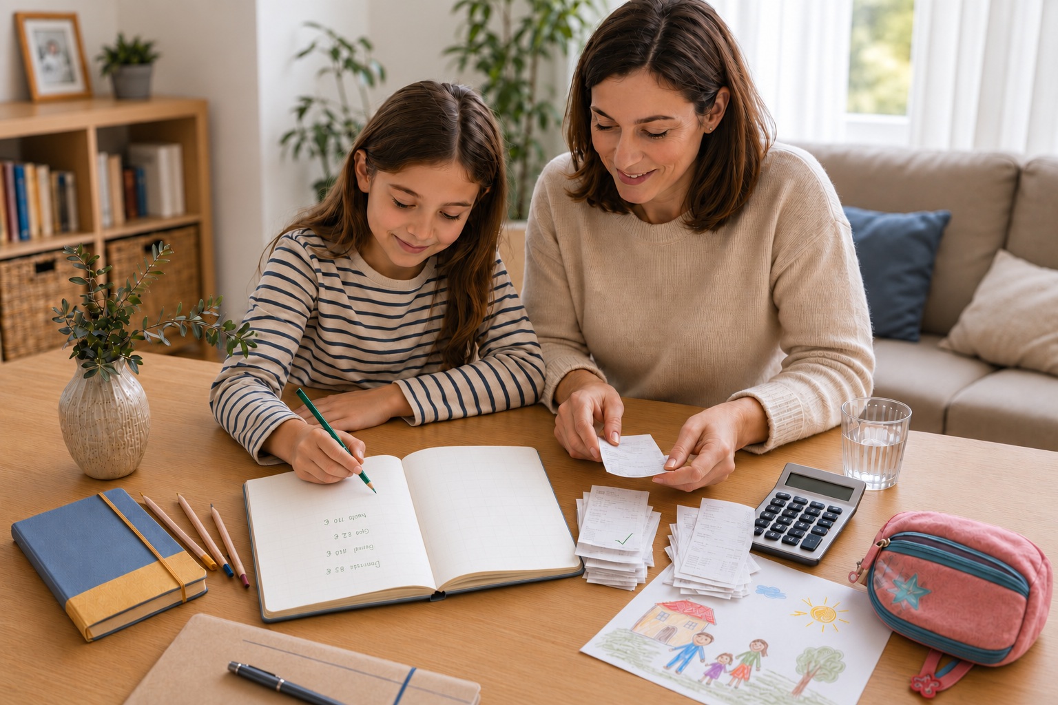 Bambina annota sul quaderno le spese straordinarie mentre la madre controlla gli scontrini