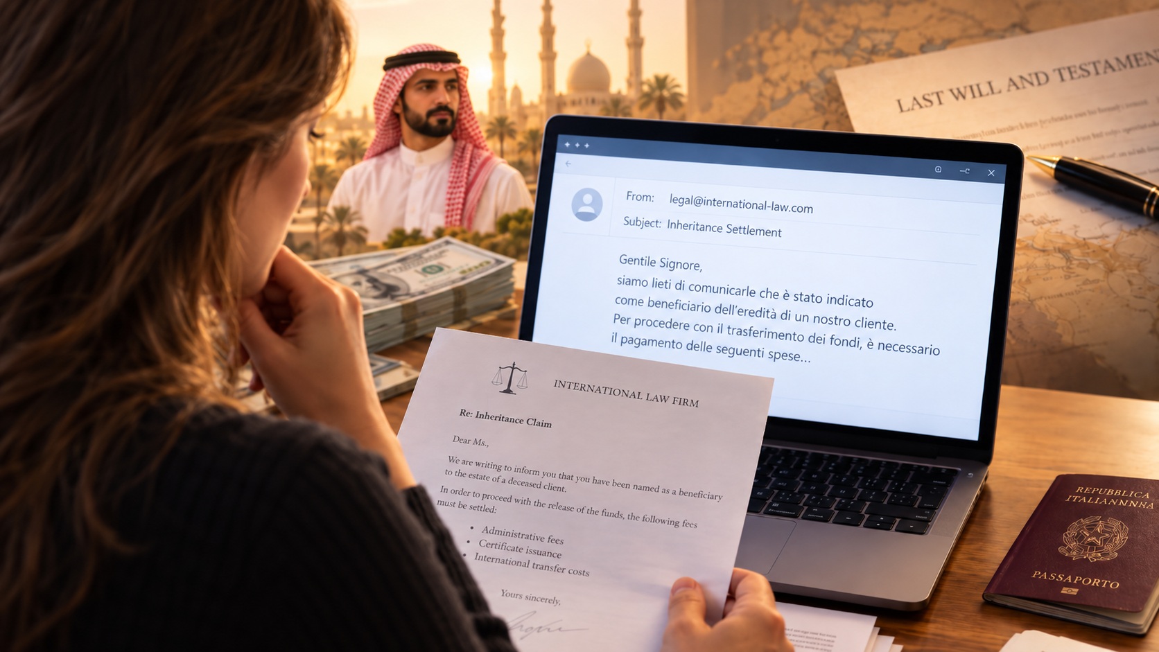 Donna davanti al computer legge un messaggio su una presunta eredità all’estero, con immagine di un uomo arabo, denaro e documenti sullo sfondo.