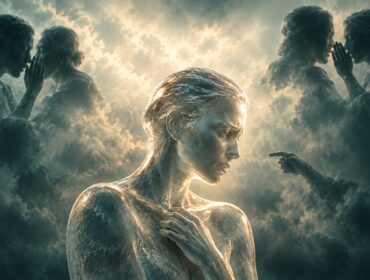 Figura femminile in vetro, con lo sguardo abbassato, circondata da sagome che sussurrano e la indicano.