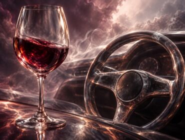 Calice di vino rosso accanto a un volante, con riflessi di cristallo nei toni prugna e rame. Rappresenta il rapporto tra consumo di alcol e guida.