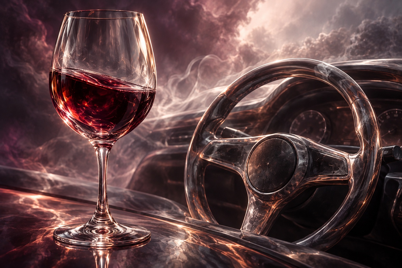 Calice di vino rosso accanto a un volante, con riflessi di cristallo nei toni prugna e rame. Rappresenta il rapporto tra consumo di alcol e guida.